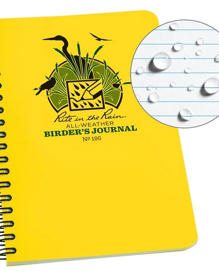 the yellow birder's notebook next to a circle showing a close up of the weatherproof paper with water beading on the surface
