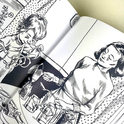 Open book with black and white illustrations of a child and a woman lying down.