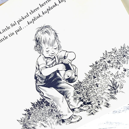 Black and white illustration of a child picking berries with text above