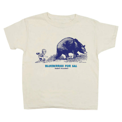 Beige t-shirt with a graphic of a bear and a child, and 'Blueberries for Sal' text on a white background.
