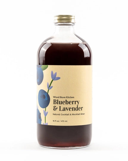 a bottle of Blueberry & Lavender mixer with a yellow label with illustrations of blueberries and lavender