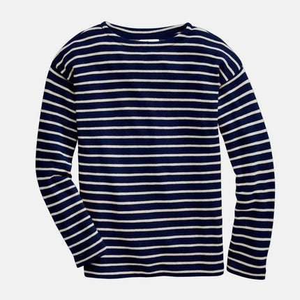 Navy and white striped long-sleeve shirt on white background
