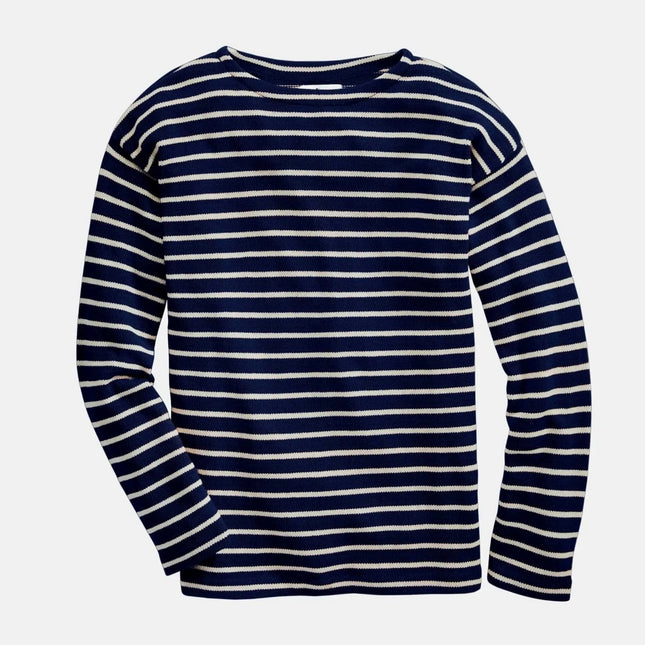 Navy and white striped long-sleeve shirt on white background