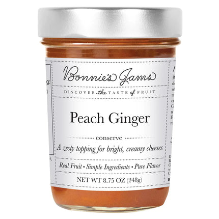 Jar of Bonnie's Jams Peach Ginger conserve with a white label on a white background