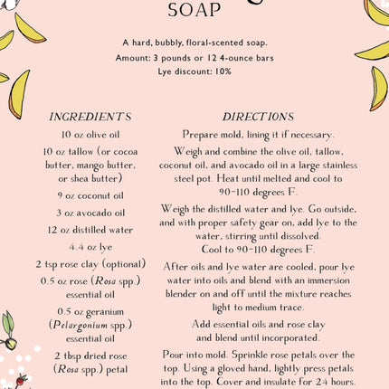 interior page of the Skin Care Recipe Book showing a recipe for Floral Delight Soap on pink paper with floral illustrations