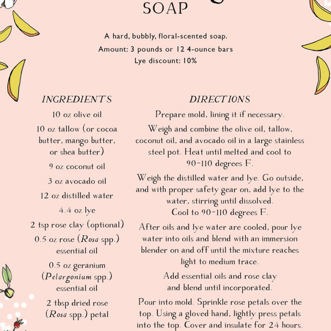 interior page of the Skin Care Recipe Book showing a recipe for Floral Delight Soap on pink paper with floral illustrations