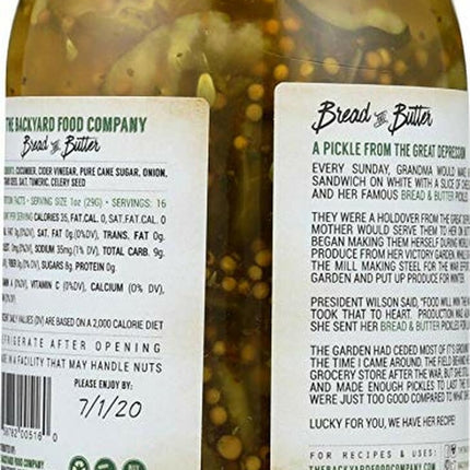 Back view of a jar of TheraHay Farm Company Bread & Butter pickled onions, showing the black lid, clear glass jar filled with yellowish onions, and two white product labels.
