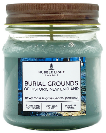 Nubble Light Candle jar labeled 'Burial Grounds of Historic New England' on a white background