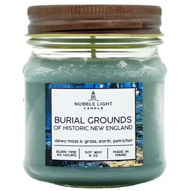 Nubble Light Candle jar labeled 'Burial Grounds of Historic New England' on a white background