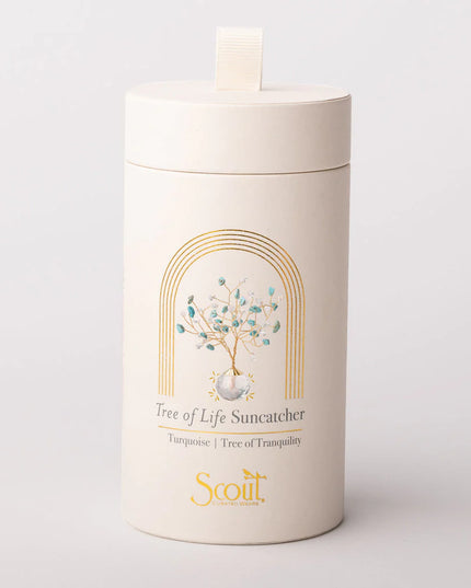 White cylindrical container with 'Tree of Life Suncatcher' design on a white background