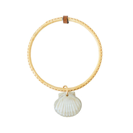 woven wood Bracelet with a shell pendant on a white background