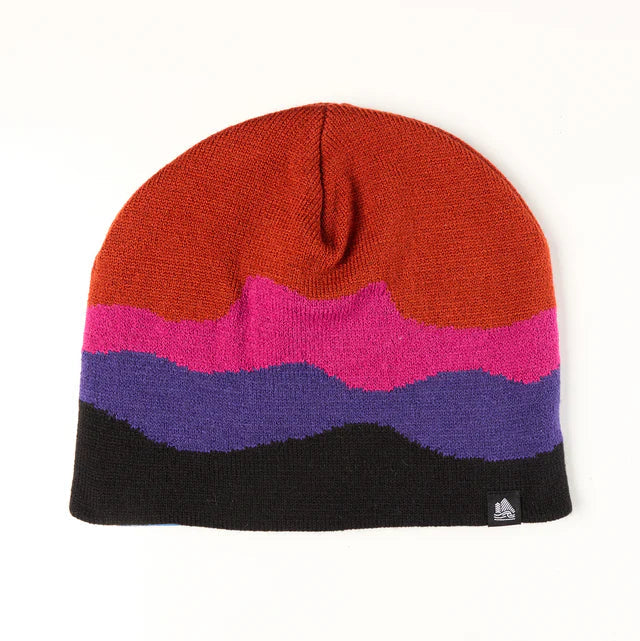 Colorful beanie with red, pink, purple, and black stripes on a white background