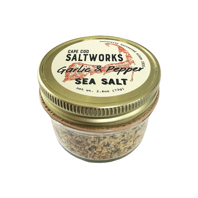 Jar of Cape Cod Saltworks Garlic & Pepper Sea Salt on a white background