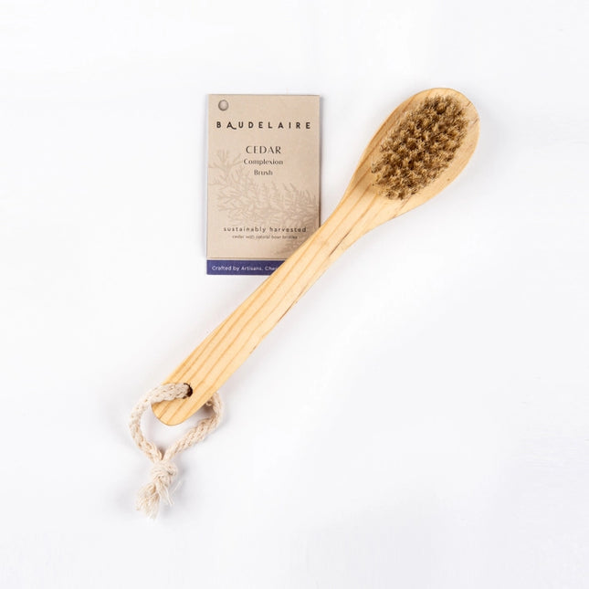 Wooden body brush with bristles and packaging on a white background