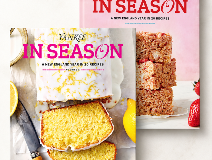 Two Yankee In Season recipe book covers are shown overlapping on a light neutral background. The front cover features a yellow lemon cake with sliced pieces, a knife, and lemon halves, with pink title text.