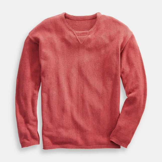 Red long-sleeve crewneck sweater on a white background