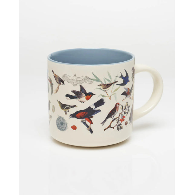 the other side of a white coffee mug with more vintage illustrations of birds wrapping around it, and a solid sky blue print on the inside of the mug