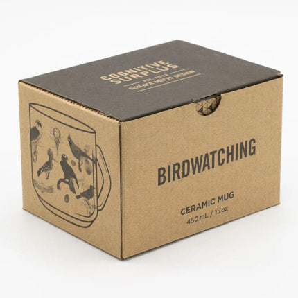 the box that the mug ships in for safe receipt - the box reads "birdwatching" on one side and has a rendering of the mug on the other