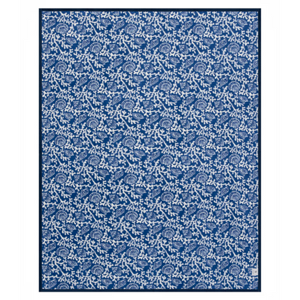 The reverse side of the shell and coral blanket with dominant blue color laid flat