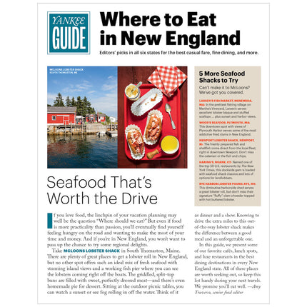 Yankee Guide article on where to eat in New England with a photo of seafood and a lobster shack.