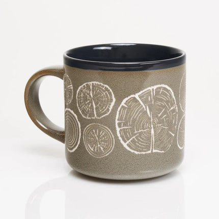 a gray green coffee mug with repeated images of tree rings wrapping around it