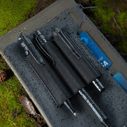 a close up of the pen slots filled with pens, and cards slipped inside the card holders