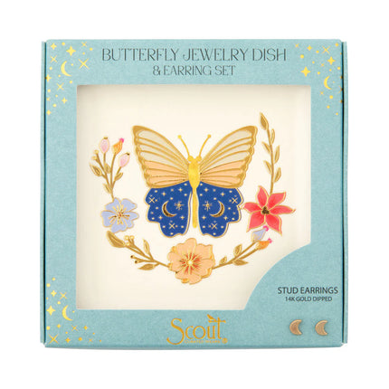 Butterfly jewelry dish and earring set packaging with a gold butterfly and flowers on a light blue background.