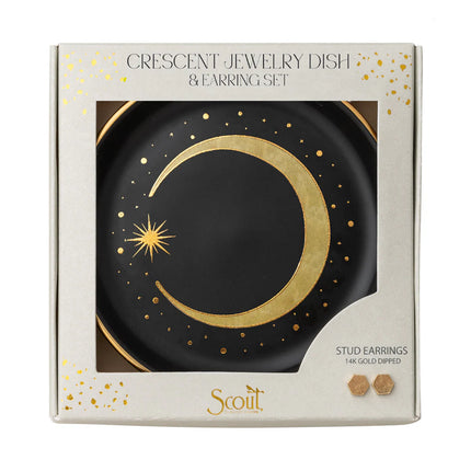 Jewelry dish and earring set packaging with gold crescent moon and star design.