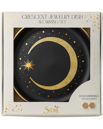 Jewelry dish and earring set packaging with gold crescent moon and star design.