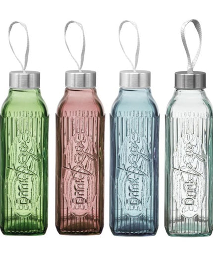 all four colors of the drink to-go glass travel bottle in a row: green, rose, blue, and clear