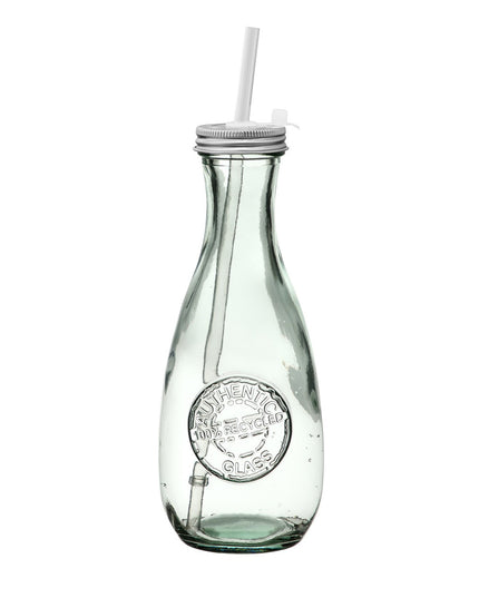 clear green glass bottle with rounded bottom and slender top with metal cap and plastic drinking straw