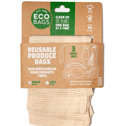 Pack of reusable produce bags with packaging on a white background