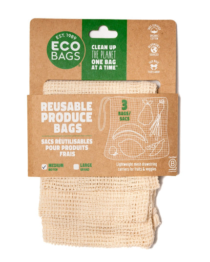 Pack of reusable produce bags with packaging on a white background