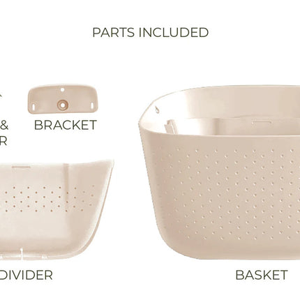 all of the included parts and pieces of the oat eco planter: screw & anchor, bracket, basket, and divider