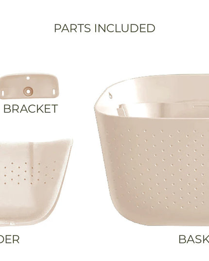 all of the included parts and pieces of the oat eco planter: screw & anchor, bracket, basket, and divider
