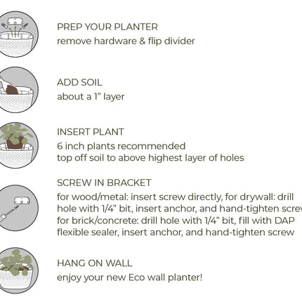 an informational graphic that outlines prepping and installing your planter: Prep your planter and flip divider, Add soil - about a 1" layer, Insert plant - 6 inch plants recommended, top off soil to above highest layer of holes, screw in bracket, hang on wall