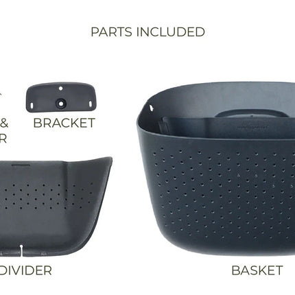 all of the included parts and pieces of the charcoal eco planter: screw & anchor, bracket, basket, and divider