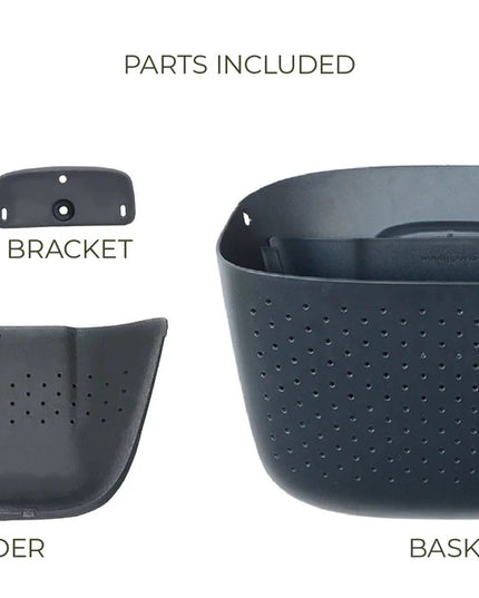 all of the included parts and pieces of the charcoal eco planter: screw & anchor, bracket, basket, and divider