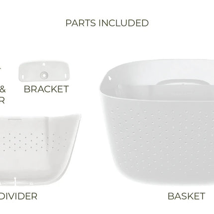 all of the included parts and pieces of the white eco planter: screw & anchor, bracket, basket, and divider