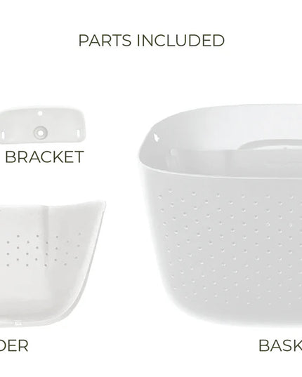 all of the included parts and pieces of the white eco planter: screw & anchor, bracket, basket, and divider