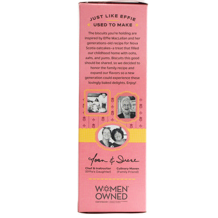 The Effie's Cocoa Biscuits box side outlining the Effie's company story with owner photos