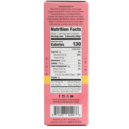 The Effie's Cocoa Biscuits box nutrition label with ingredients