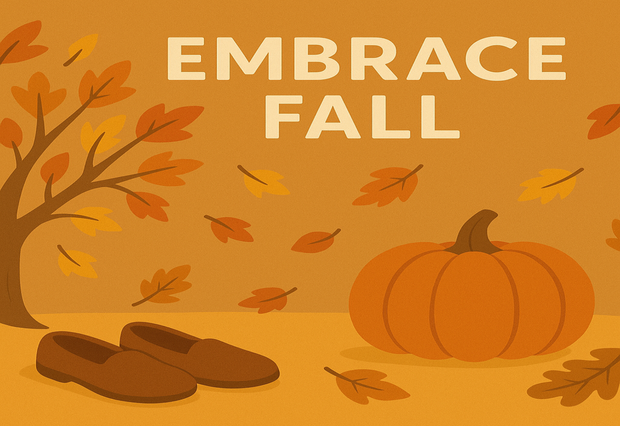 Autumn-themed illustration with a pumpkin, shoes, and falling leaves on an orange background.