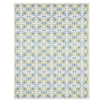 Patterned blanket with blue and green floral design on a white background