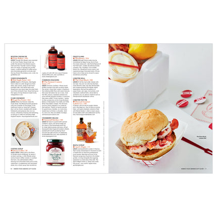 a magazine spread with listings of specialty foods and descriptions and a full page image of a lobster roll and fixings