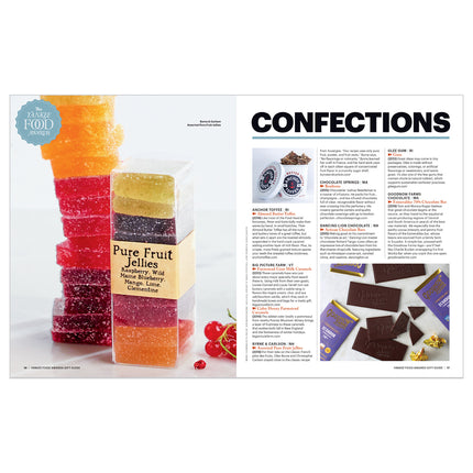a two page magazine spread with colorful stacked pure fruit jellies on one page and the heading "confections" on the opposite page with listings and images