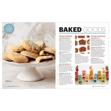 a two page magazine spread with an image of cookies on a cake stand on one page and the text "baked goods" on the opposite page above a listing of foods and details