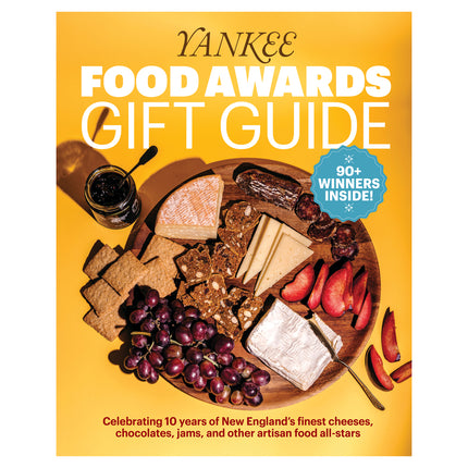 a dandelion yellow magazine cover with a charcuterie spread below the title "Yankee Food Awards Gift Guide"