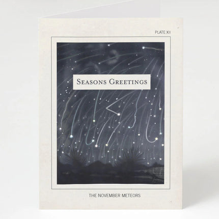 an off white greeting card with an artists rendering of the Leonids meteor shower which reads "Seasons Greetings" over the night sky image and reads "November Meteors" below the image