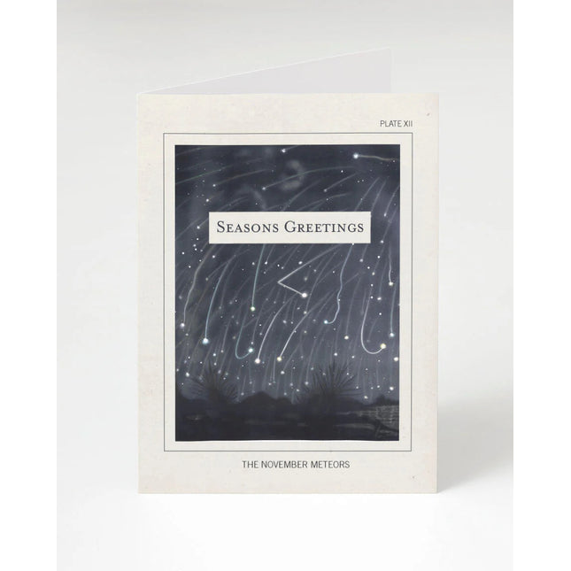 an off white greeting card with an artists rendering of the Leonids meteor shower which reads "Seasons Greetings" over the night sky image and reads "November Meteors" below the image